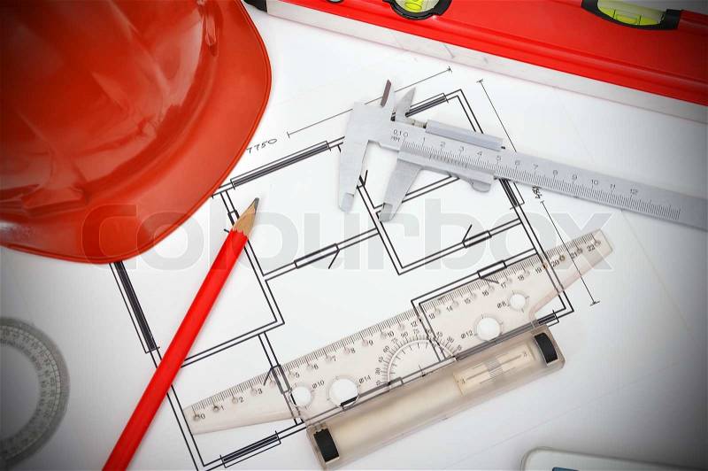 Measuring instruments, pencil and caliper on table, stock photo