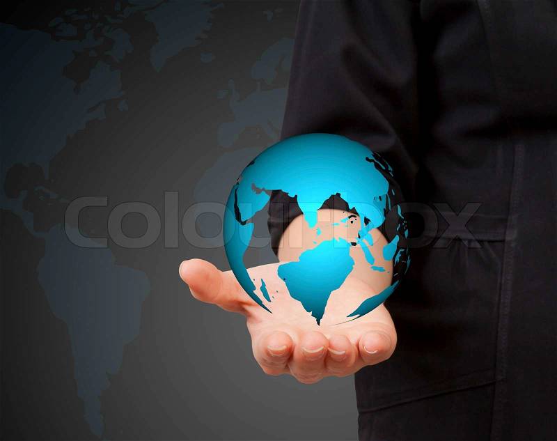 World in Hand businesswoman on white background, stock photo