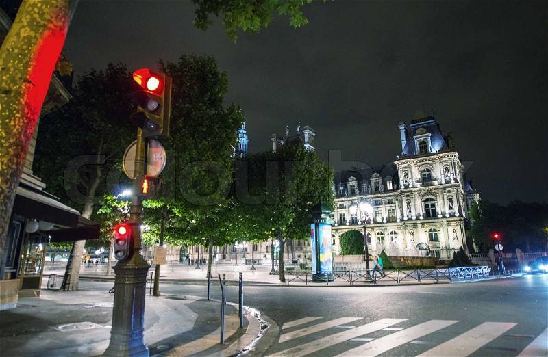 Paris. Night view of Hotel de Ville from across the street, stock photo
