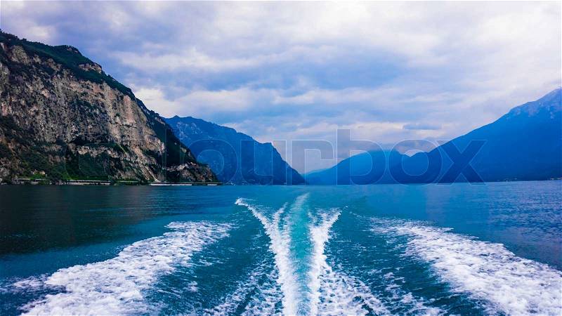 Wave of power boat. Motor Boat Trail, stock photo
