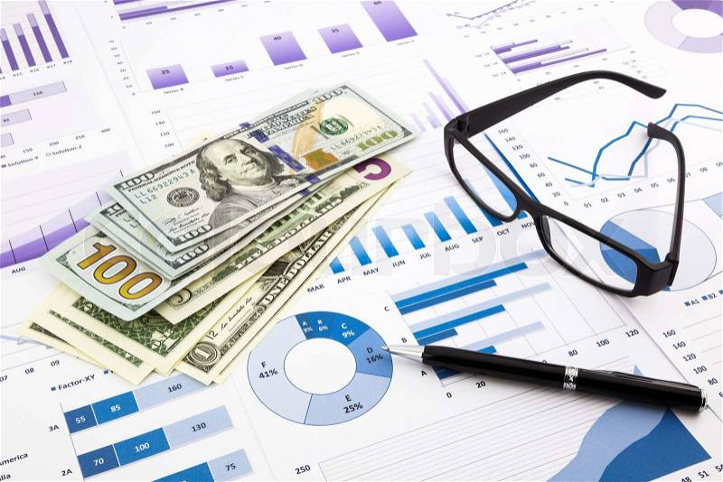 Dollar currency on financial charts, expense cash flow summarizing and graphs background, concepts for saving money, budget management, stock exchange and business income report, stock photo
