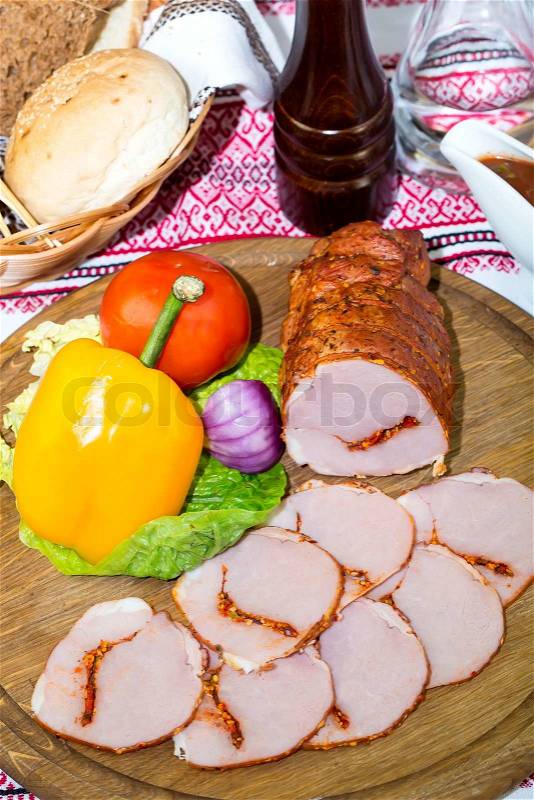 Smoked meat on the table in a restaurant, stock photo