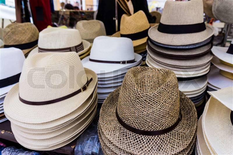 Handmade Panama Hats for sale. Panama hats for sale in a market stall. stall straw hats, stock photo