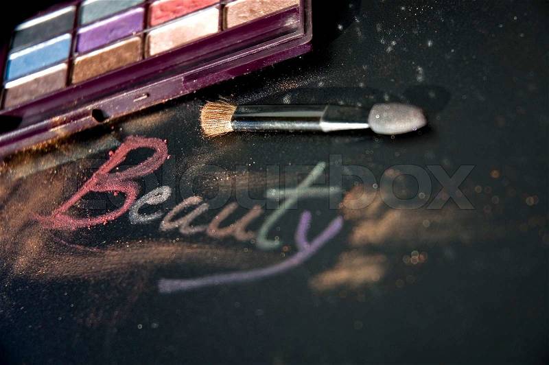 Close up words beauty made from eyeshadow, stock photo