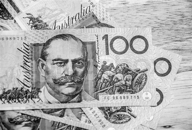 Black and white of Australian Currency on wood table, stock photo