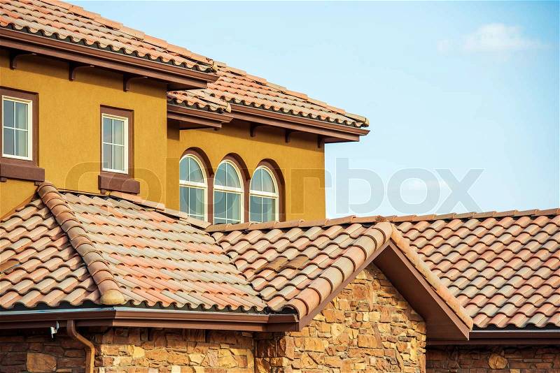 Slates Roof. Modern American South West Style Home Roof Closeup Photo, stock photo
