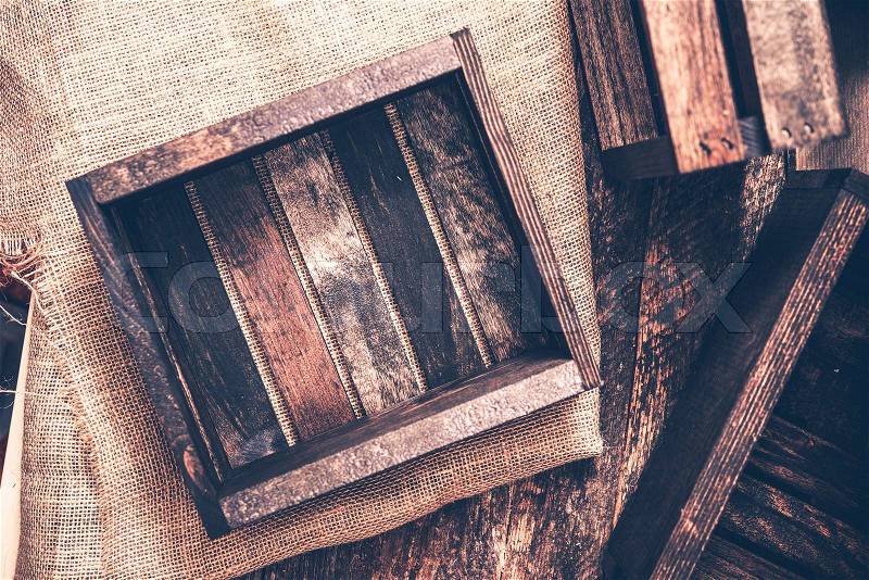 Old Small Wooden Crates on Canvas. Reclaimed Wood Crate, stock photo
