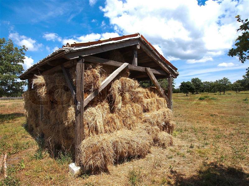Hay barn and blue cloudy sky, stock photo