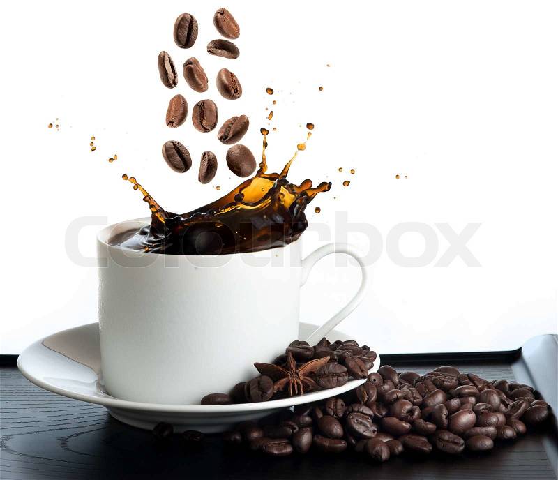 Splash coffee isolated on white background, stock photo