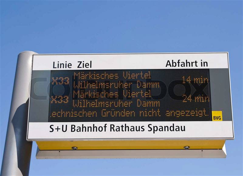 Arrival information of a public transport in Germany, stock photo