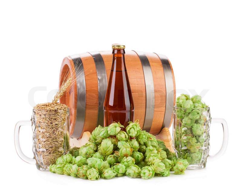 Barrel mug with hops and bottle of beer. Isolated on a white background, stock photo