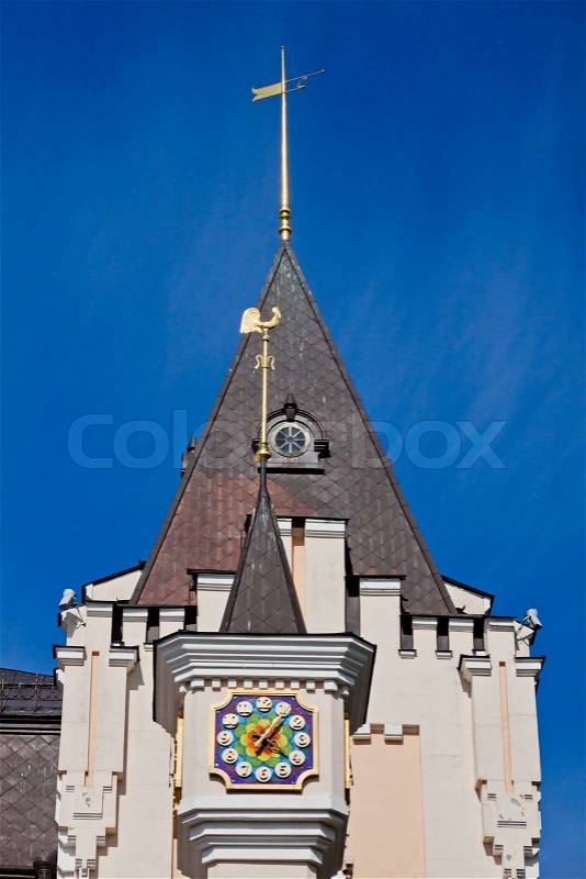 Details of tower of building of National Academic Puppet Theatre in Kyiv, Ukraine. The oldest puppet theatre in Ukraine, founded on 1927, stock photo