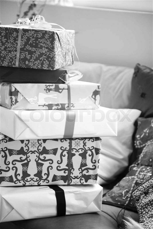 Christmas presents in black and white, stock photo