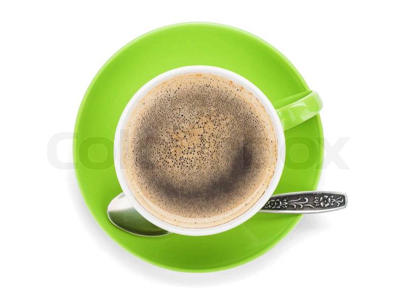 Green cup of coffee with spoon. Isolated on white background, stock photo