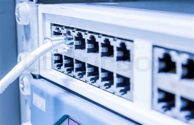 Technology center network switch and UTP ethernet cables, stock photo