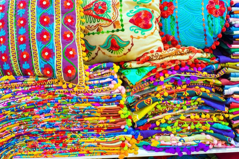 Colorful turkish fabric samples on Grand bazaar, stock photo