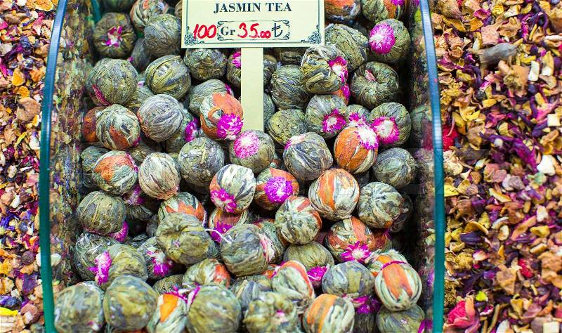 Different sorts of tea on the Egyptian bazaar in Istanbul, stock photo