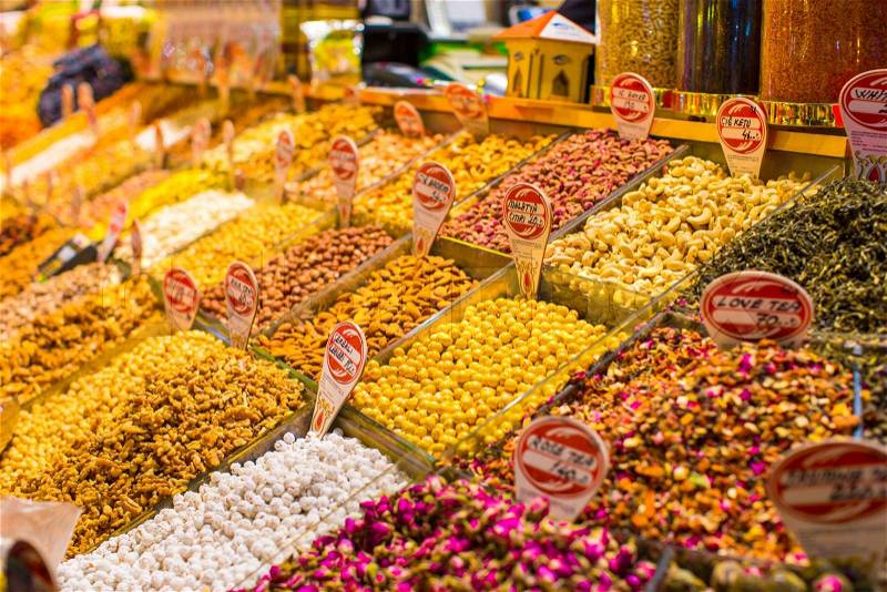 Typical spices and teas on sale in the turkish markets in Istanbul, stock photo