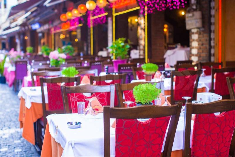 Summer empty open air restaraunt at tourist city of Istanbul, stock photo