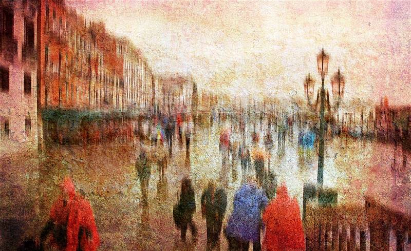 Like an old Japanese print. Several of my photos worked together to give a retro dreamlike look. Dream of Venice in rain, stock photo