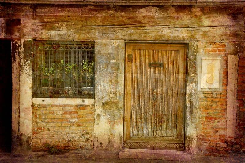 Artistic work of my own in retro style - Postcard from Italy. - Door and window - Venice, stock photo