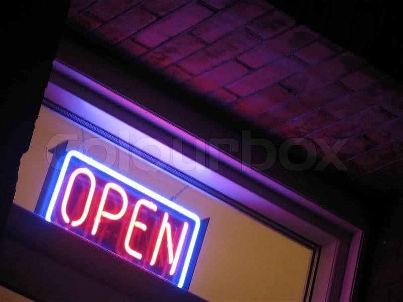 Open sign in local shop, stock photo