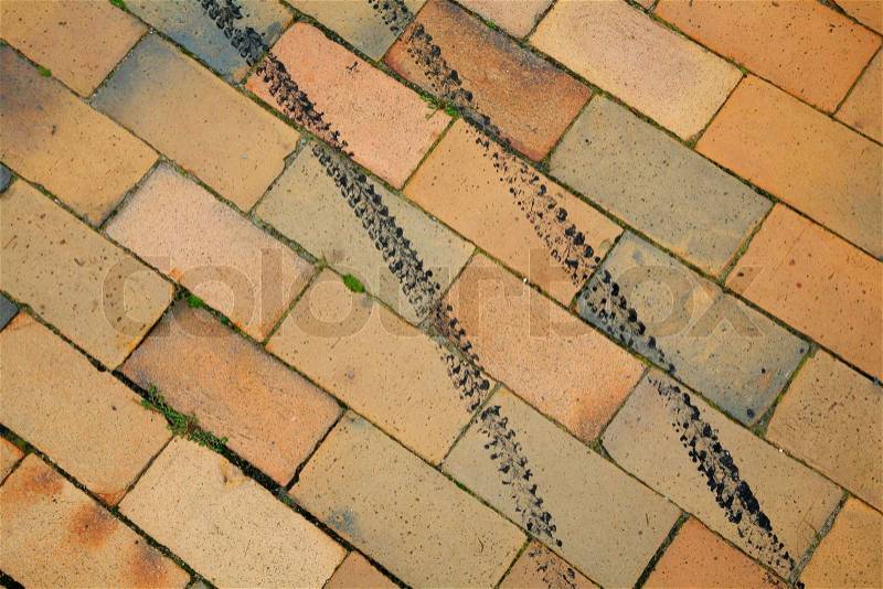 Old pavement made of hard burned bricks with tar tracks after a bike, stock photo