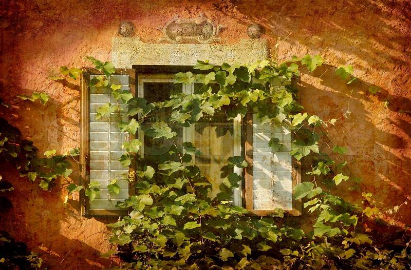 Artistic work of my own in retro style - Postcard from Italy. - Window with ivy - Chiusa, stock photo