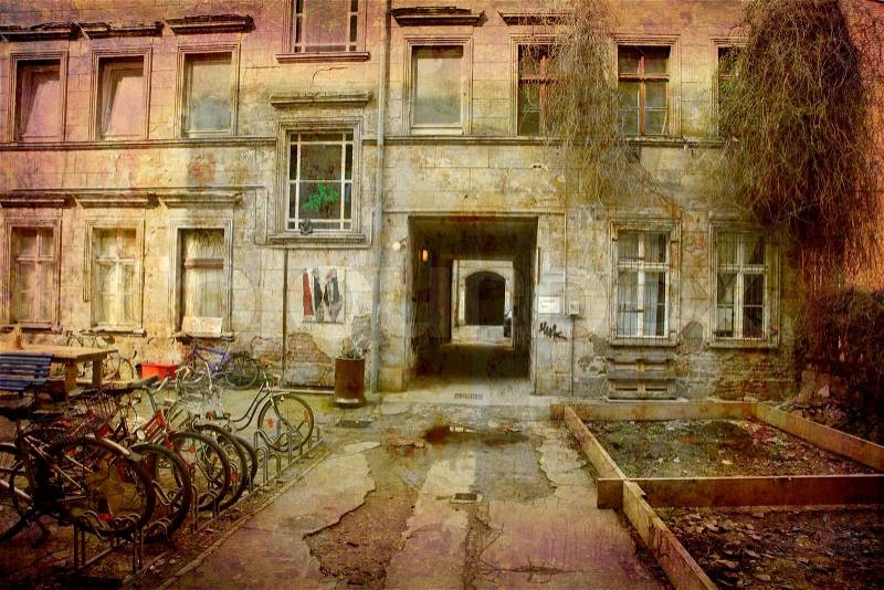 Artistic work of my own in retro style - Postcard from the former GDR. - Backyards Prenzlauer Berg - Berlin, Germany, stock photo