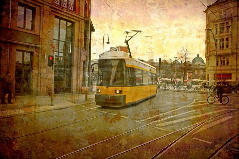 Artistic work of my own in retro style - Postcard from the former GDR. - Tram - Berlin, Germany, stock photo