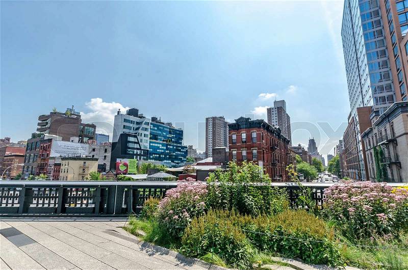 NEW YORK CITY - JULY 22: Scenic views of the High Line Park on July 22, 2014. The High Line is a popular linear park built on the elevated former New York Central Railroad spur in Manhattan, stock photo