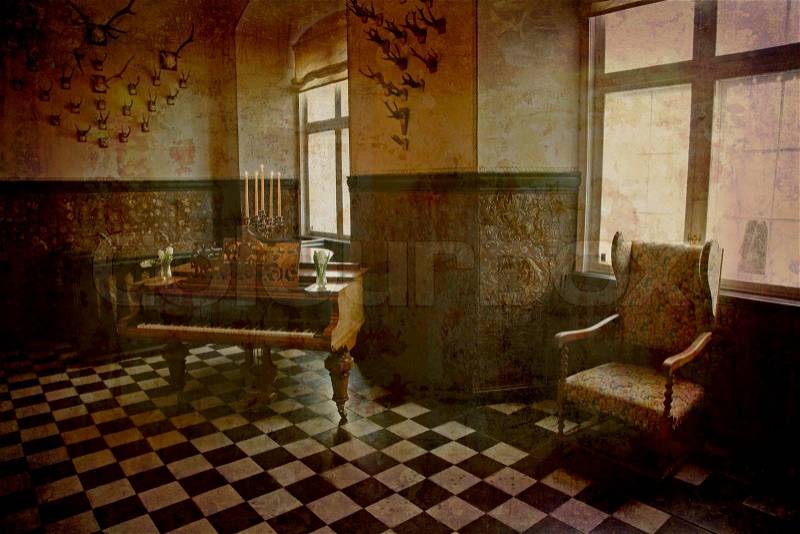 Artistic work of my own in retro style - Musicroom - The Castle of Holckenhavn, Denmark. 1600 ISO and natural lightening from the windows only, stock photo
