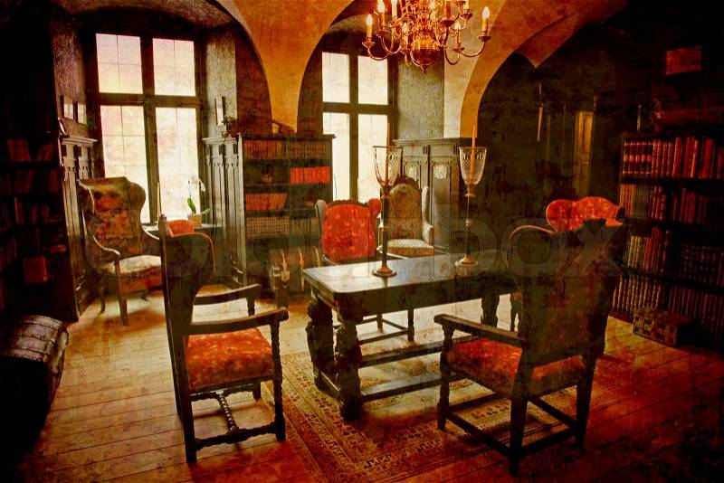 Artistic work of my own in retro style - The Library - The Castle of Holckenhavn, Denmark. 1600 ISO and natural lightening from the windows only, stock photo