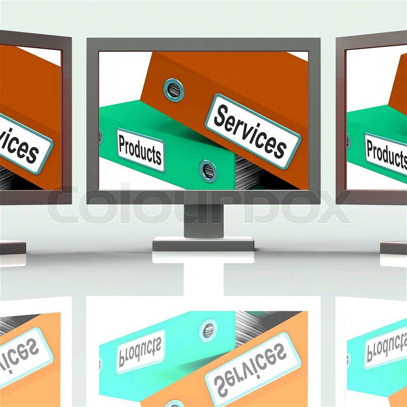 Services Products Screen Showing Business Service And Merchandise, stock photo