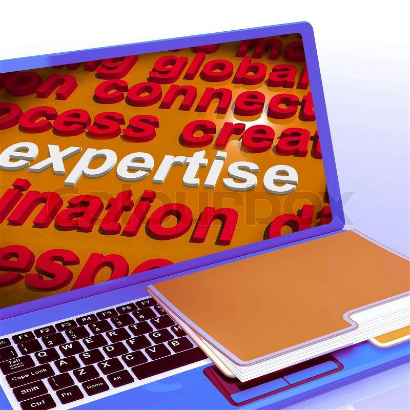 Expertise Word Cloud Laptop Showing Skills Proficiency And Capabilities, stock photo