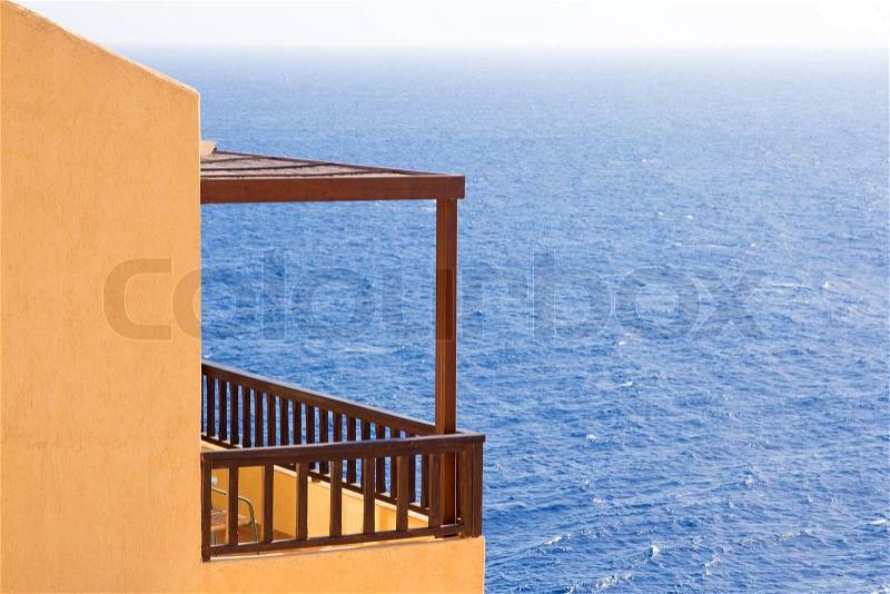 Big balcony with beautiful sea view on Crete island in Greece, stock photo
