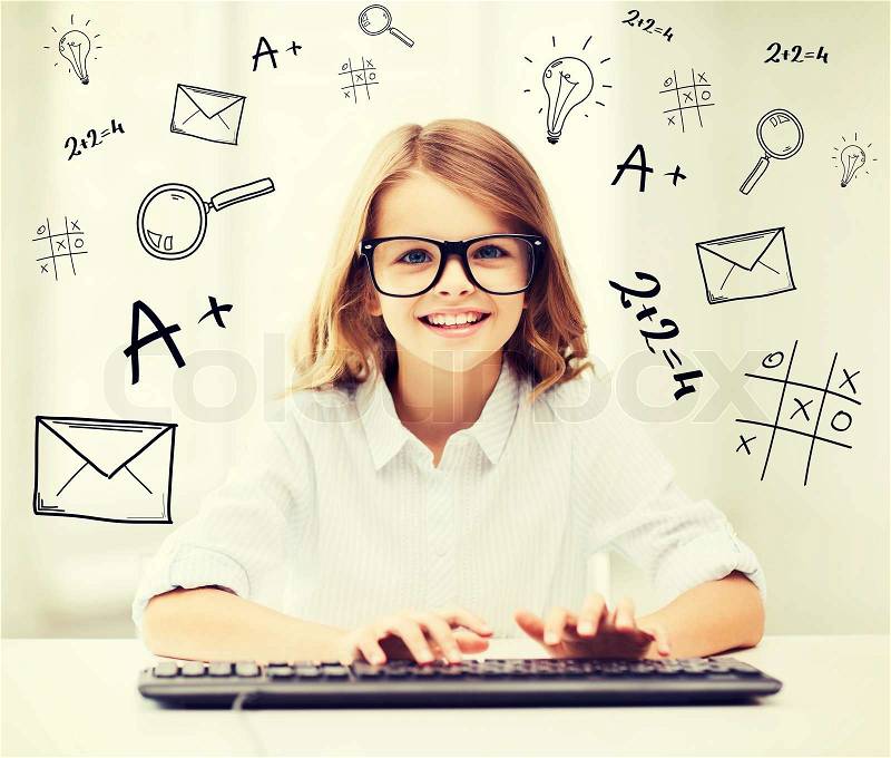 Education, school and future technology concept - little student girl with keyboard and imaginary screen at school, stock photo