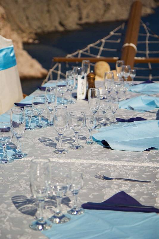 Gorgeous wedding chair and table setting for fine dining at outdoors, stock photo