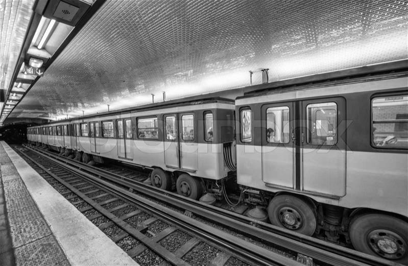 Metro train in Paris. Underground parisian scene - France, stock photo