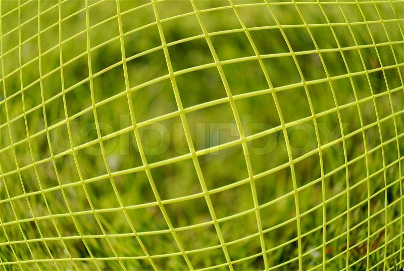 Green badminton racket strings close-up, stock photo