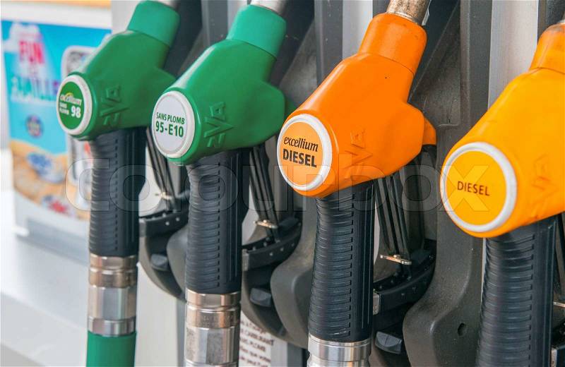 Colourful petrol fuel pumps in Europe, stock photo