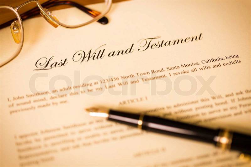 Last will and testament with pen and glasses concept for legal document, stock photo
