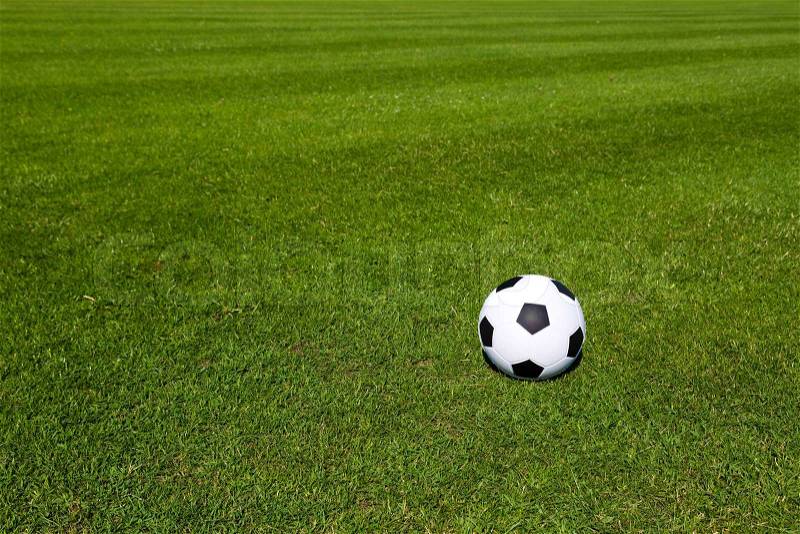Black and white soccer ball on green soccer pitch, stock photo