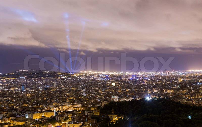 View of the city of Barcelona at night, stock photo