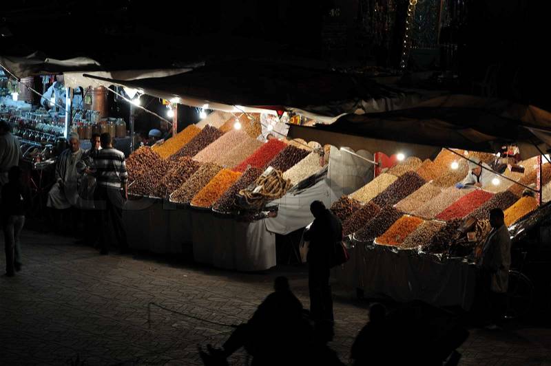 Market stalls at Djemaa el Fna square at night, Marrakesh Morocco. Photo taken at 11th of November 2008, stock photo