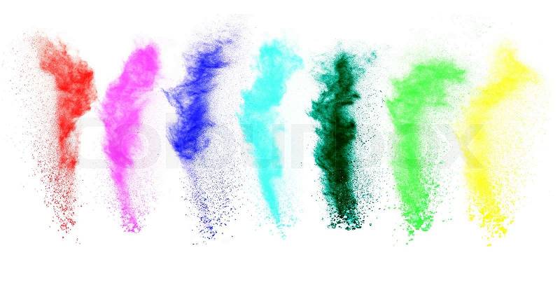 Launched colorful powder, isolated on white background, stock photo