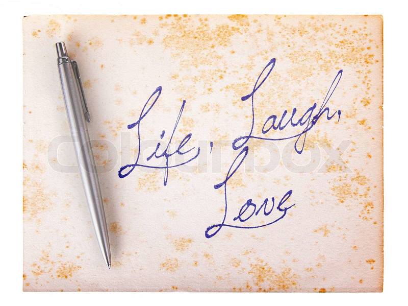 Old paper grunge background, white and brown - Life laugh love, stock photo
