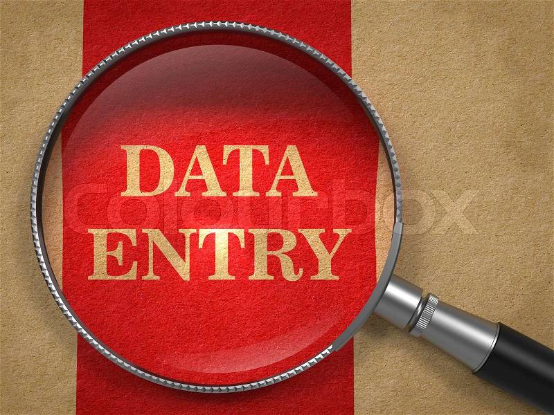 Data Entry through Magnifying Glass on Old Paper with Red Vertical Line, stock photo