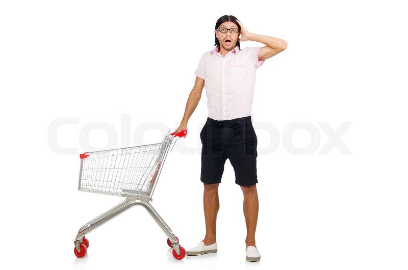 Man shopping with supermarket basket cart isolated on white, stock photo