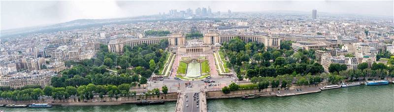 Paris. Panoramic aerial view of Trocadero Gardens with Seine river, stock photo
